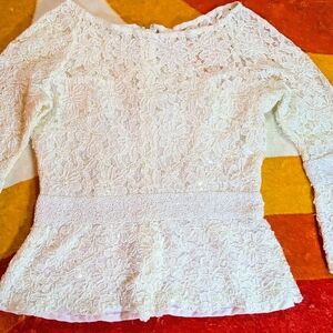 Vintage Cream Lace Peplum Blouse Top, Victorian Beading Zipper Back 60's 70's